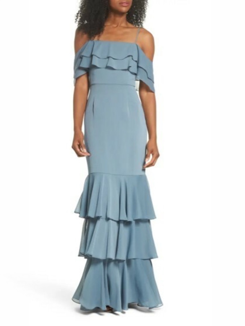 NWT WAYF Lauren Off Shoulder Ruffle Maxi Dress Blue Formal Wedding Guest
